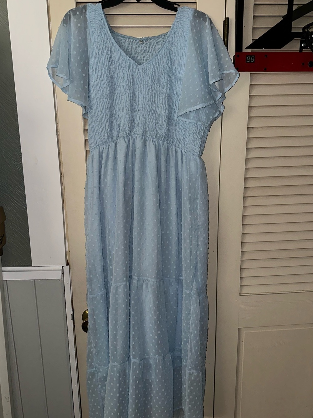 Light Blue Swiss Dot Maxi Dress with Smocked Bodice - Maternity dress